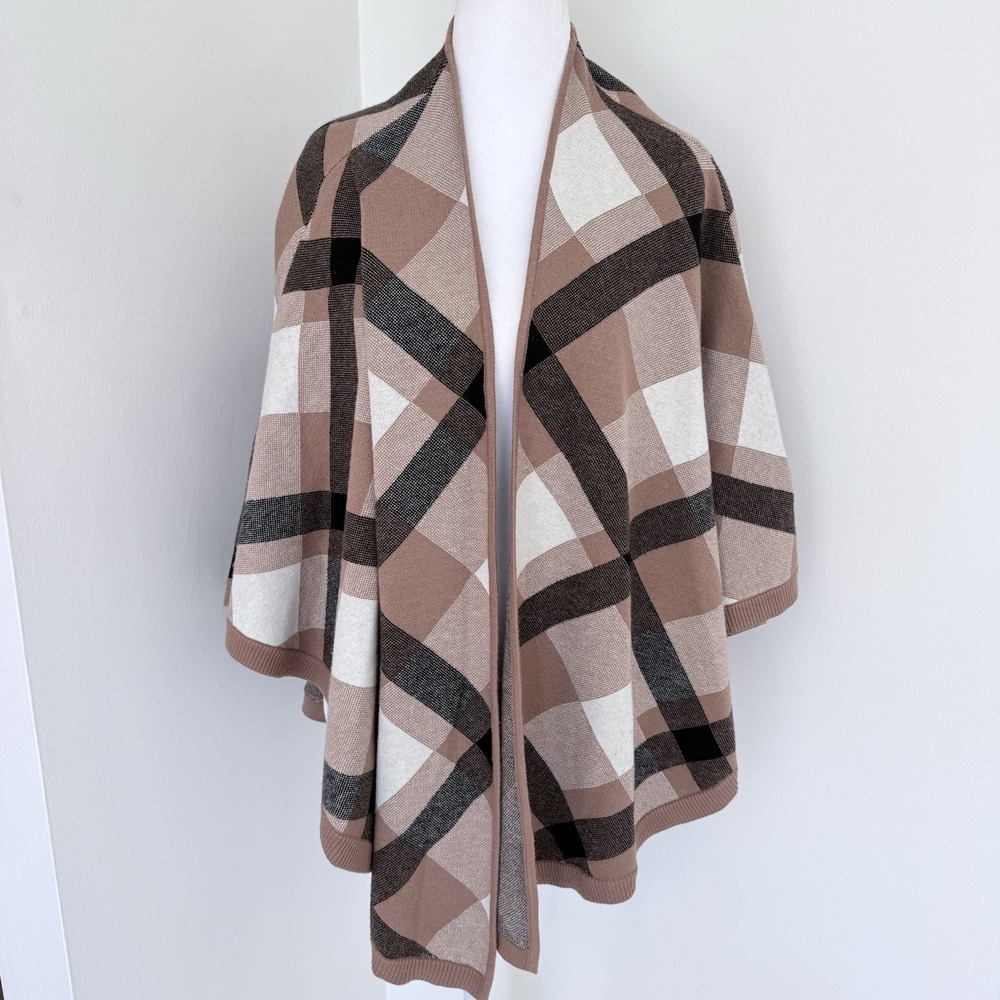 Rachel Zoe One Size Plaid Ruana Poncho Wrap Fall Cozy Neutral Preppy Brown EUC